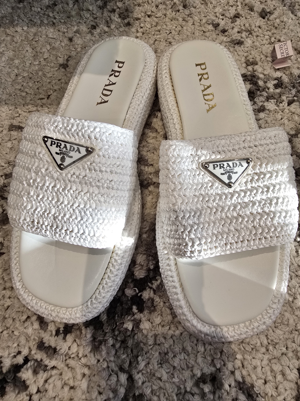 Prada White Raffia Slide Sandals